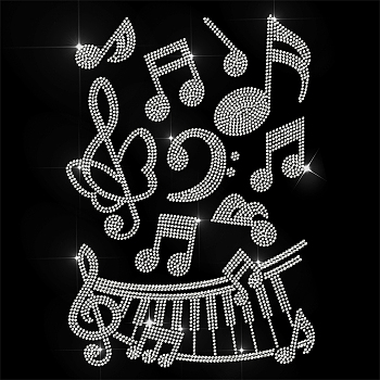 Glass Hotfix Rhinestone, Iron on Appliques, Costume Accessories, for Clothes, Bags, Pants, Musical Note, 297x210mm
