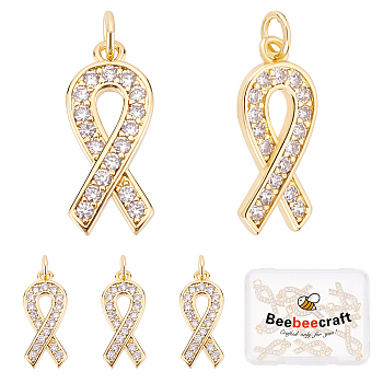 10Pcs Brass Micro Pave Clear Cubic Zirconia Pendants, with Jump Ring, Long-Lasting Plated, Awareness Ribbon Shape, Real 18K Gold Plated, 21x9x2mm, Jump Rings: 5x1mm, 3mm Inner Diameter