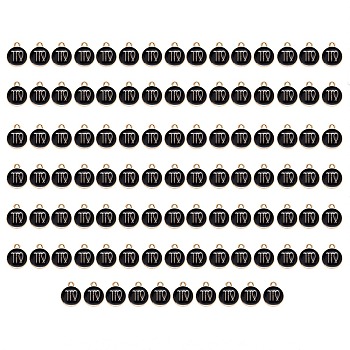 Alloy Enamel Pendants, Flat Round with Constellation, Light Gold, Black, Virgo, 15x12x2mm, Hole: 1.5mm, 100pcs/Box