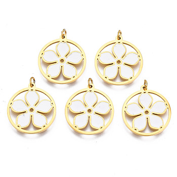 316 Surgical Stainless Steel Pendants, with Jump Rings and Enamel, Real 18K Gold Plated, Ring with Flower, White, 15.5x14x1mm, Hole: 1.4mm, Jump Ring: 3.5x0.5mm, 1.4mm inner diameter