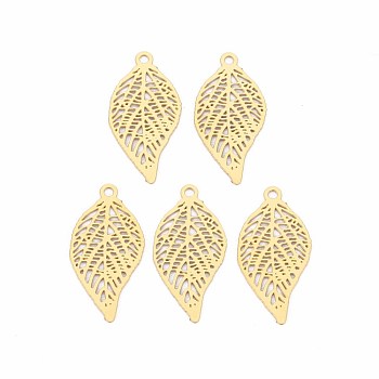 Rack Plating 201 Stainless Steel Filigree Pendants, Etched Metal Embellishments, Nickel Free, Leaf, Real 18K Gold Plated, 19x10x0.4mm, Hole: 1.2mm