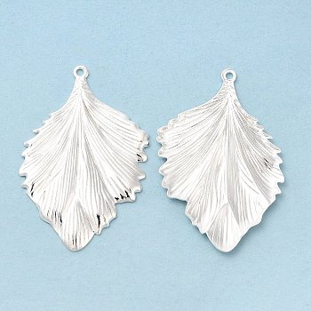 Brass Pendants, Cadmium Free & Lead Free, Leaf Charm, 925 Sterling Silver Plated, 37x24.5x1.5mm, Hole: 1.4mm