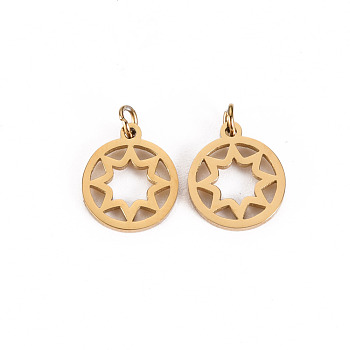 304 Stainless Steel Charms, with Jump Rings, Laser Cut, Ring with Star, Real 14K Gold Plated, 10x8x1mm, Jump Ring: 2.8x0.5mm, 1.8mm inner diameter