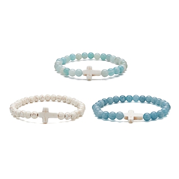 3Pcs 3 Style Natural Blue Quartz & Grade A Amazonite & Turquoise Cross Beaded Stretch Bracelets Set, Mixed Color, Inner Diameter: 2-3/8 inch(6cm), 1Pc/style