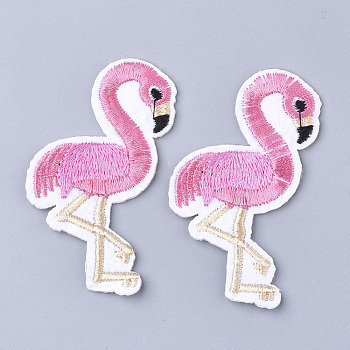 Computerized Embroidery Cloth Iron On Patches, Costume Accessories, Appliques, Flamingo Shape, Hot Pink, 70x39x2mm