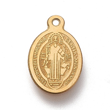 Ion Plating(IP) 304 Stainless Steel Charms, Laser Cut, Oval, Saint Benedict Medal, Golden, 14.5x9x0.5mm, Hole: 1.2mm