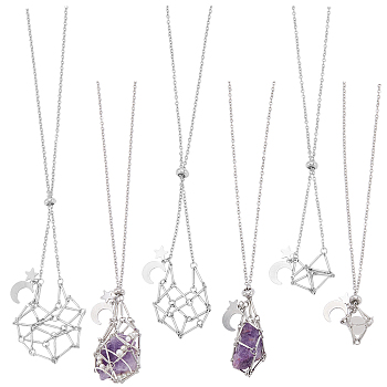 6Pcs 3 Styles 304 Stainless Steel Empty Macrame Pouch Star Moon Pendant Cable Chain Necklace Making, Non-Tarnish, with Slider Beads, Stainless Steel Color,  17.20~29.33 inch(43.7~74.5cm), 2pcs/style