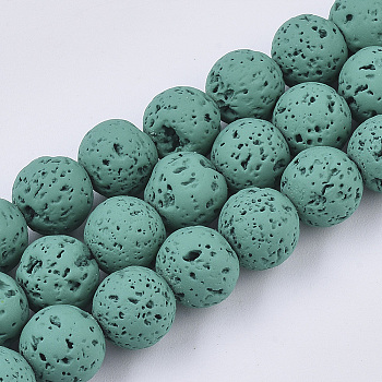 Spray Painted Natural Lava Rock Beads Strands, Round, Dark Cyan, 8~9mm, Hole: 0.7mm, about 47~48pcs/Strand, 15.75 inch(40cm)