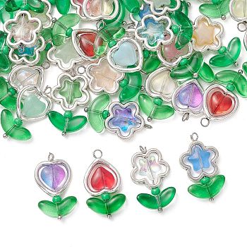 40Pcs Alloy Glass Bead Pendants, Flower & Heart Charm, Mixed Color, Silver, 24~24.5x14~14.5x4~5mm, Hole: 2~2.3mm