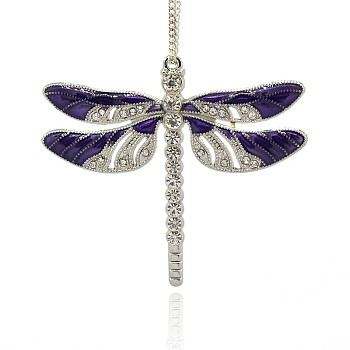 Alloy Enamel Dragonfly Big Pendants, with Crystal Rhinestone, Platinum, Indigo, 57x64x5mm, Hole: 2mm