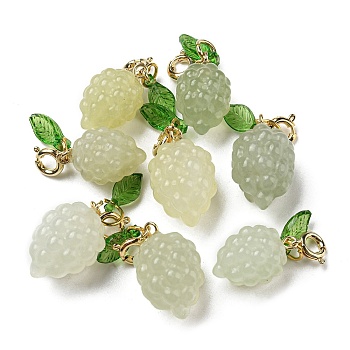 Natural Xiuyan Jade Grapes Pendant Decorations, Fruit Ornaments with Brass Spring Ring Clasps, Real 14K Gold Plated, 20x13x12mm, Hole: 3mm