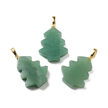 Natural Green Aventurine Pendants, Christmas Tree Charms with Rack Plating Brass Snap on Bails, Golden, 34x20x5mm, Hole: 8x5mm