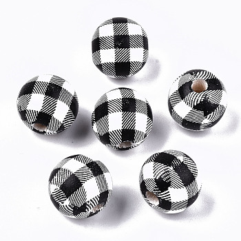 Printed Natural Wooden Beads, Round with Check Pattern, Black & White, 14x13mm, Hole: 3mm