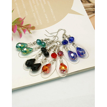 Trendy Glass Teardrop Dangle Earrings, with Brass Oval Rings and Brass Earring Hooks, Mixed Color, 64mm