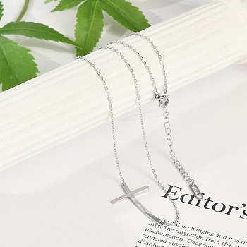 304 Stainless Steel Religion Curved Cross Pendant Cable Chain Necklaces for Women, Stainless Steel Color, 17.52 inch(44.5cm)