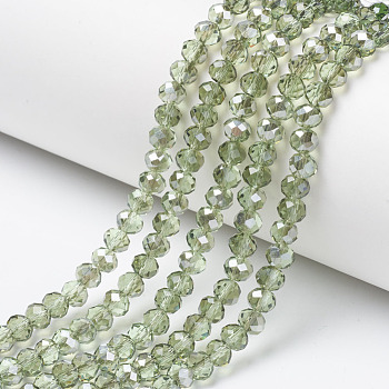Electroplate Transparent Glass Beads Strands, Half Gray Plated, Faceted, Rondelle, Pale Green, 6x5mm, Hole: 1mm, about 85~88pcs/strand, 16.1~16.5 inch(41~42cm)
