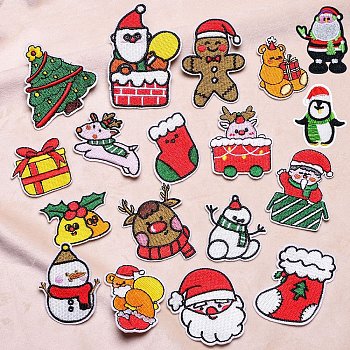 Christmas Theme Computerized Embroidery Cloth Self Adhesive Patches, Stick On Patch, Costume Accessories, Appliques, Mixed Shapes, 32~71x32~54mm, 18Pcs/set