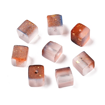 Frosted Glass Beads with Golden Glitter Powder, Two Tone, Cube, Sienna, 8x8x8mm, Hole: 1.5mm, about: 834pcs/1000g