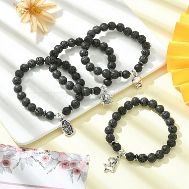 Natural & Synthetic Mixed Gemstone Beaded Stretch Bracelets with Alloy Charms(BJEW-JB09444)-2
