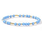Acrylic & Brass Round Beaded Stretch Bracelets for Women, Golden, Alice Blue, 6.89 inch(17.5cm)(QH9585-3)