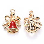 Alloy Enamel Pendants, for Christmas, Jingle Bell, Light Gold, Red, 21x15.5x5mm, Hole: 2mm(X-ENAM-S121-105B)