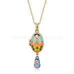 Brass Enamel Russian Doll Egg Locket Pendant Necklaces for Women, Golden, Aquamarine, 17.72 inch(45cm)(WG3DE65-01)