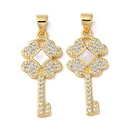 Brass Micro Pave Cubic Zirconia Pendants, with Shell, Key, Real 18K Gold Plated, 27.5x12.5x2mm, Hole: 4.5x3.5mm(KK-D057-15G)