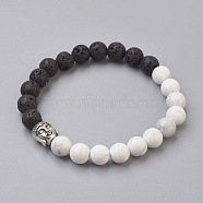Natural Lava Rock Beads and Natural Howlite Beads Stretch Bracelets, with Alloy Findings, Buddha, Burlap Packing, Antique Silver, 2-1/8 inch(5.3cm), Bag: 12x8.5x3cm(BJEW-JB03851-05)