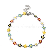 Colorful Enamel Flower Link Chain Bracelet, 304 Stainless Steel Jewelry for Women, Stainless Steel Color, 7-1/8 inch(18cm)(BJEW-C023-02P)