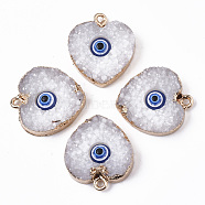 Druzy Resin Pendants, with Edge Light Gold Plated Iron Loops, Heart with Evil Eye, White, 22~23x19x5.5mm, Hole: 1.8mm(RESI-S383-012A)