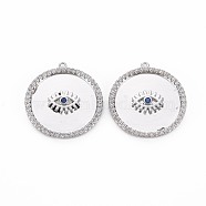 Brass Micro Pave Blue Cubic Zirconia Pendants, Nickel Free, Flat Round with Eye, Real Platinum Plated, 22x20x2mm, Hole: 1mm(KK-S356-753)