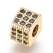 Brass Micro Pave Cubic Zirconia Beads, Cube, Black, Real 18K Gold Plated, 5x5.5x5.5mm, Hole: 2.5mm(ZIRC-F088-026G)