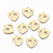 304 Stainless Steel Charms, Laser Cut, Heart with Moon & Star, Real 14K Gold Plated, 12.5x13x0.5mm, Hole: 1.2mm(STAS-S116-083G)