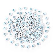 White Opaque Acrylic Beads, Flat Round with Heart & Flower & Moon & Star, Cadet Blue, 7x4mm, Hole: 1.6mm, 200pcs/set(MACR-YW0001-19B)