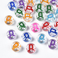 Transparent Clear Acrylic Beads, Horizontal Hole, Flat Round with Mixed Color Letter, Letter.D, 7x3.5mm, Hole: 1.2mm, about 3700pcs/500g(MACR-N008-56D)