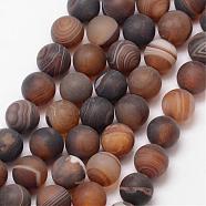 Natural Striped Agate/Banded Agate Bead Strands, Round, Grade A, Frosted, Dyed & Heated, Coconut Brown, 12mm, Hole: 1mm, about 32pcs/strand, 15 inch(G-K166-12-12mm-04)