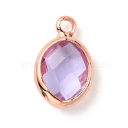 Faceted Glass Pendants, with Rose Gold Brass Findings, June Birthstone Charms, Oval, Lilac, 13x8x4mm, Hole: 1.8mm(FIND-TAC0014-68F)