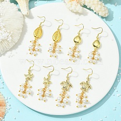 304 Stainless Steel Pendant Dangle Earrings, Cluster Earrings, with 304 Stainless Steel Earring Hooks & Shell Pearls Beads, Golden, Mixed Shapes, 48~54x13~15mm(EJEW-JE07232)