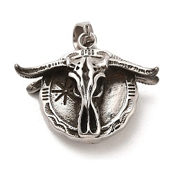 Tibetan Style 304 Stainless Steel Pendants, Cattle, Antique Silver, 35x41x17.5mm, Hole: 11x7.5mm(STAS-M334-15AS)