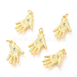 Brass Micro Pave Royal Blue Cubic Zirconia Pendants, with Jump Rings, Hand with Eye, Real 18K Gold Plated, 18.7x13x2.2mm, Hole: 2.5mm(ZIRC-O036-03G)