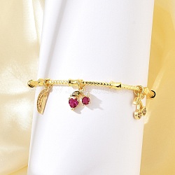 Brass Micro Pave Cubic Zirconia Fruit Charm Bangles for Women, Cherry & Lemon, Lead Free & Cadmium Free, Long-Lasting Plated, Real 18K Gold Plated, Inner Diameter: 2x2-1/8 inch(5.1x5.4cm), pendant: 12~13x6~11x2~4mm.(BJEW-Z089-01G-01)