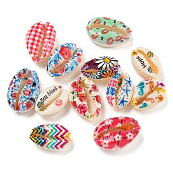 Printed Natural Shell Beads, Shell Shape, No Hole/Undrilled, Mixed Shapes, 16~24x11~15x7~8mm, Hole: 1~2mm(BSHE-G037-01)