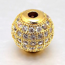 Round Brass Micro Pave Cubic Zirconia Beads, Clear, Real 18K Gold Plated, 4mm, Hole: 1mm(ZIRC-N016-01G-4MM)
