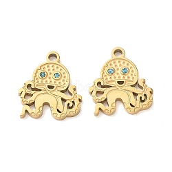 304 Stainless Steel Rhinestone Pendants, Ion Plating(IP), Golden, Octopus Charms, 14.5x13x1.5mm, Hole: 1.6mm(RB-CBA7A56-09G-02)