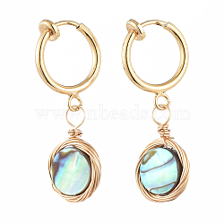 Natural Abalone Shell/Paua Shell Clip-on Hoop Earrings, with 316 Surgical Stainless Steel Clip-on Earrings Findings, Flat Round, Golden, 32mm(EJEW-JE04130-01)