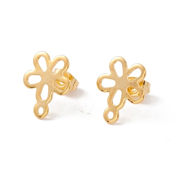 201 Stainless Steel Stud Earring Findings, with 304 Stainless Steel Pins, Horizontal Loops and Ear Nuts, Flower, Real 24K Gold Plated, 14x11.5mm, Hole: 1.5mm, Pin: 0.8mm