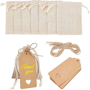 10Pcs Cotton Packing Pouches Drawstring Bags, with Jute Cords and Kraft Paper Gift Tags, Wheat, 11x9.5cm