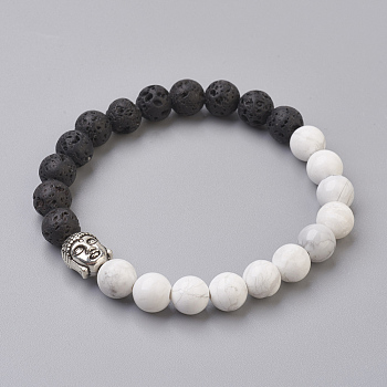 Natural Lava Rock Beads and Natural Howlite Beads Stretch Bracelets, with Alloy Findings, Buddha, Burlap Packing, Antique Silver, 2-1/8 inch(5.3cm), Bag: 12x8.5x3cm