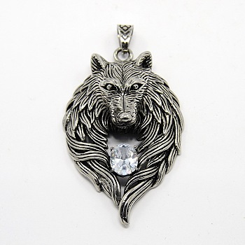 Retro Men's 304 Stainless Steel Steel Big Wolf Head Pendants, with Rhinestone, Antique Silver, Crystal, 74x45x18mm, Hole: 10x7mm