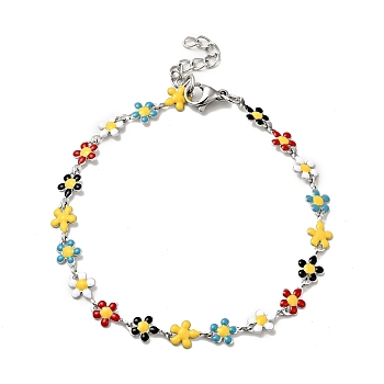Colorful Enamel Flower Link Chain Bracelet, 304 Stainless Steel Jewelry for Women, Stainless Steel Color, 7-1/8 inch(18cm)